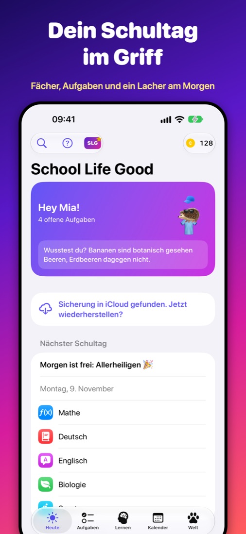 Startseite mit Begrüßung, Spruch und den Fächern des nächsten Schultags