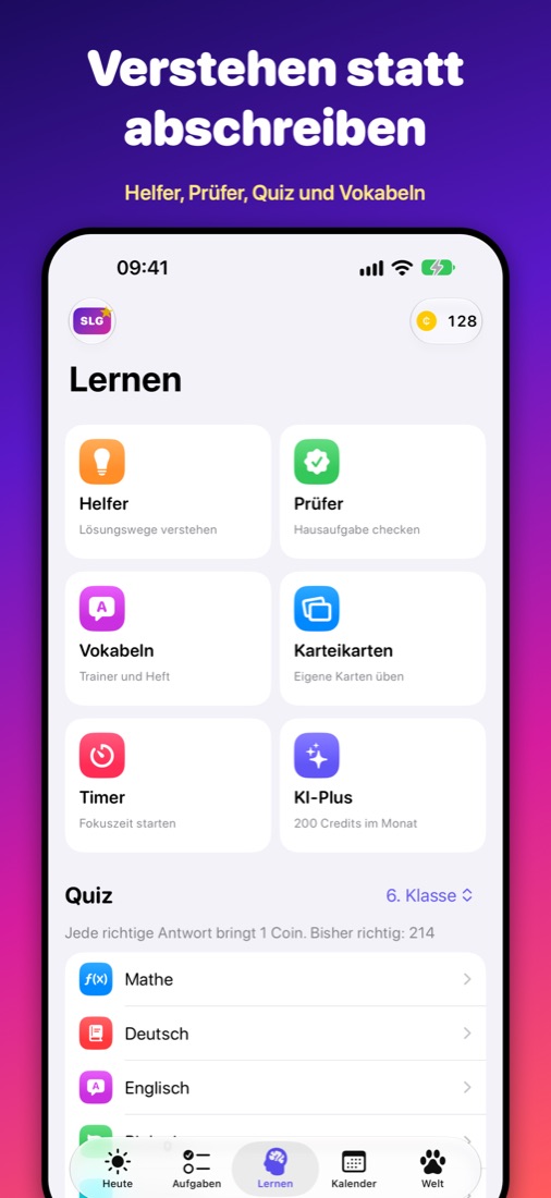 Lernbereich mit Helfer, Prüfer, Vokabeln und Quiz