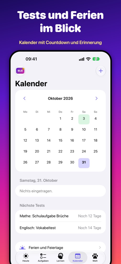 Kalender mit Ferien, Feiertagen und Tests